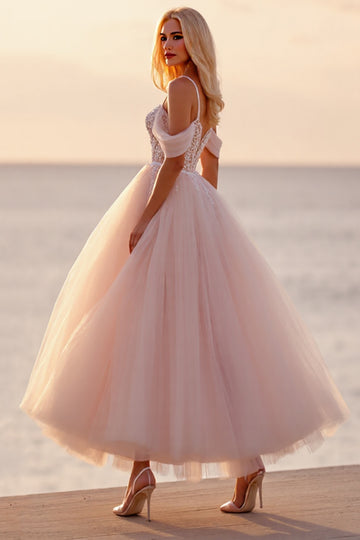 Blush Off the Shoulder Tulle Ankle Length Wedding Dress with Appliques